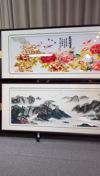 客厅瞬间高大上!黄金牡丹花苏绣壁画,免费送上门!