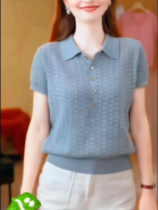 天丝+桑蚕丝夏季Polo领,纯色镂空针织衫,2025年新款,宽松百搭气质女士上衣#针织衫#短袖 #短袖T恤 #女装 #短袖穿搭#女士的品格
