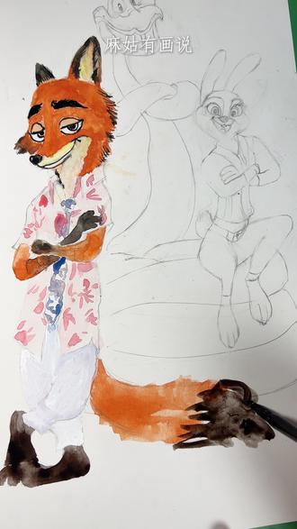 耗时两小时!我用国画打开了疯狂动物城!#疯狂动物城 #疯狂动物城2 #尼克朱迪 #盖瑞 #麻姑有画说