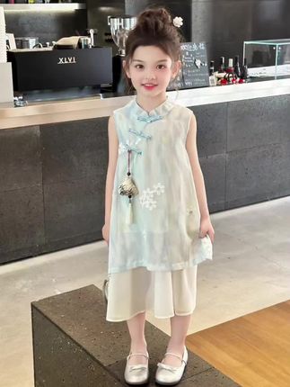 夏季新款中式国风旗袍女童无袖复古洋气拼接连衣裙汉服薄款公主裙#连衣裙穿搭 #穿搭