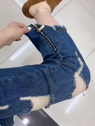 Aimeerosa /艾洛莎牛仔裤宽松显瘦八分裤潮流爆款破洞拉链烟管裤女