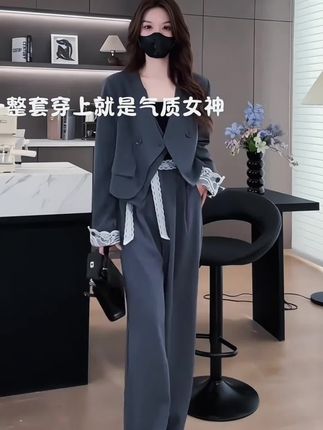 【现货】2025新款时尚套装显瘦百搭气质短款西装外套+阔腿裤两件套#爆款热卖中