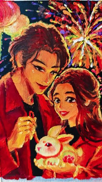 详细色号分享-浪漫烟花下的情侣跟可爱的兔子花灯油画棒手绘过程分享教程#跟着抖音学画画 #手绘 #油画棒 #元宵节 #教程