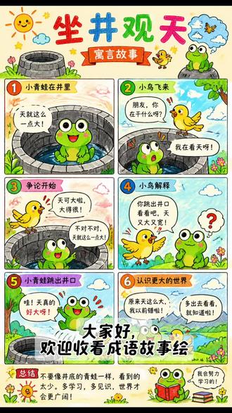 每天一个成语故事,今天讲的是 坐井观天 🐸 坐井观天|6格漫画讲给孩子听的寓言故事
今天给娃讲了《坐井观天》,画成了6格小漫画,孩子一看就懂!✨
📖 故事梗概:
① 🐸 小青蛙在井里 — 青蛙坐在井底,抬头看着井口大的天空说"天就这么一点大"
② 🐦 小鸟飞来 — 一只小鸟停在井沿上,好奇地问青蛙"你在干什么呀",青蛙说"我在看天呀"
③ 💬 争论开始 — 小鸟告诉青蛙"天可大啦,大得很",青蛙却不相信,坚持说"天就这么一点大"
④ 🗣️ 小鸟解释 — 小鸟建议青蛙"你跳出井口看看吧,天又大又宽",青蛙半信半疑
⑤ 🌤️ 小青蛙跳出井口 — 青蛙奋力跳出井口,惊讶地发现"哇!天真的好大呀"
⑥ 🌍 认识更大的世界 — 青蛙恍然大悟"原来天这么大,我以前错啦",小鸟说"多出去看看就知道啦"
🎯 故事告诉孩子:
❌ 眼界狭窄、固步自封会限制自己的认知
✅ 多学习、多见识,世界才会更广阔
🔥 不要像井底的青蛙一样,看到的太少~
💬 你家宝贝听过这个故事吗?评论区聊聊娃的反应吧!👇
——— 🎨 手绘成语漫画系列持续更新中~关注我,每天一个新故事!⭐
#成语故事 #坐井观天 #和大人一起读 #创作者中心 #创作灵感