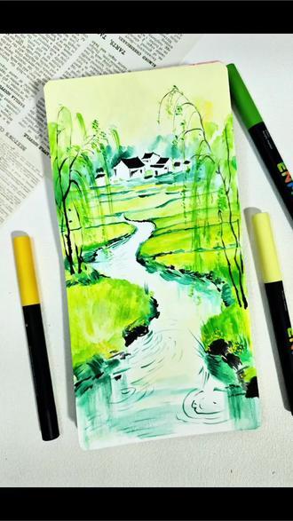 水笔+丙烯马克笔:两种笔触,同绘江南春 #丙烯马克笔 #自愈系绘画 #国风手绘 #零基础学画画 #绘画教程