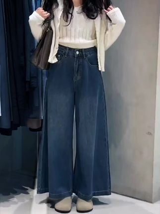 垂感牛仔裤女遮胯阔腿裤秋宽松喇叭裤梨型身材高腰显瘦百搭九分裤#牛仔裤穿搭 #简约穿搭 #女装穿搭 #牛仔穿搭