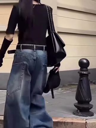 大码美式街头复古弯刀香蕉工装裤女秋冬季宽松高腰显瘦阔腿拖地裤