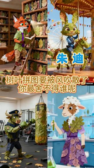 树叶拼图要被风吹散了o(╥﹏╥)o#疯狂动物城 #朱迪 #尼克 #牛局长 #羊副市长