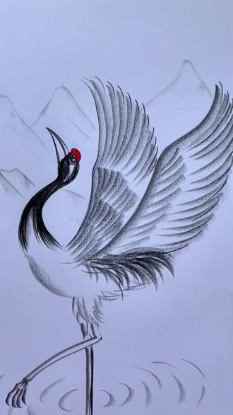 30秒画仙鹤 #炭笔画 #炭笔风景画