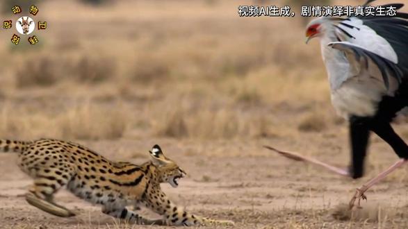 离谱!蛇鹫仗大长腿挑衅薮猫惨被放倒,另一半归来拼命反击 #动物 #动物世界 #野生动物 #蛇鹫 #薮猫