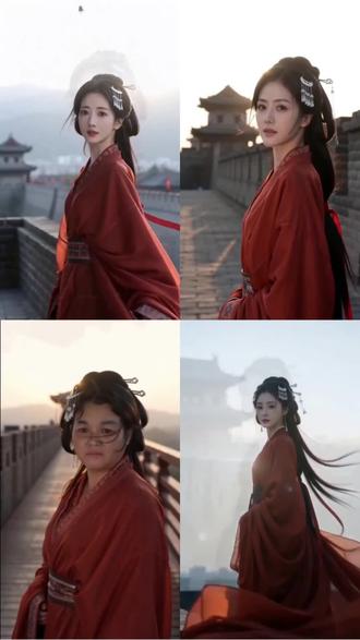 🏮红袍曳地映城楼,千年风华凝一帧。📸镜头流转间#剪映#AI城楼红衣回望#古风写真#红衣古装#氛围感写真