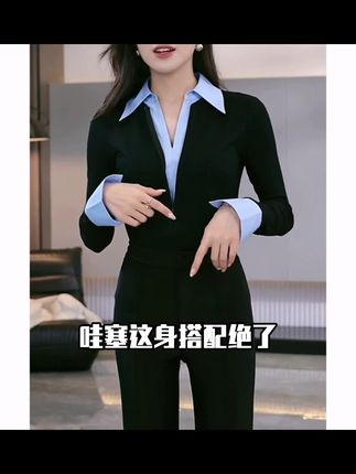 拼色假两件Polo领短款长袖衬衫女修身显瘦高级感气质上衣打底衫#每日分享 #职业穿搭 #高级感穿搭 #女装