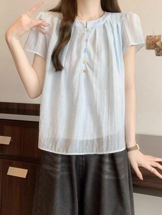 【送运费险】夏季温柔慵懒风甜美短袖上衣飞飞袖白色湖蓝色其它8091#大码女装 #遮肉显瘦 #轻薄透气 #洋气减龄 #谁穿谁好看 @DOU+小助手