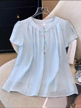 [运费全额补贴】温柔慵懒风甜美短袖上衣圆领彩色纽扣设计气质上衣#慵懒风穿搭 #甜美穿搭 #谁穿谁好看 @DOU+小助手