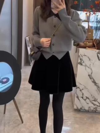 秋冬韩版气质小香风针织开衫修身显瘦毛衣外套百搭加厚丝绒半身裙#半身裙 #针织开衫 #气质半身裙 #百搭半身裙 #半身裙女