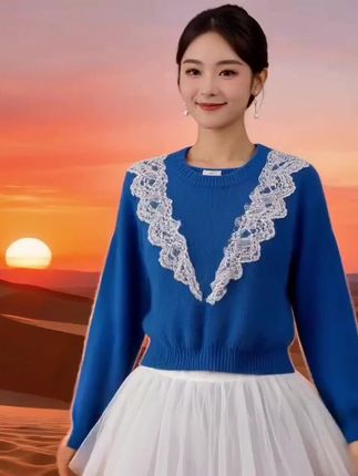 复古蕾丝拼接套头毛衣女冬季新款韩系芭蕾风小个子宽松针织衫上衣#童鞋鞋底的钩法教程 #健康 #原创视频 #每日分享