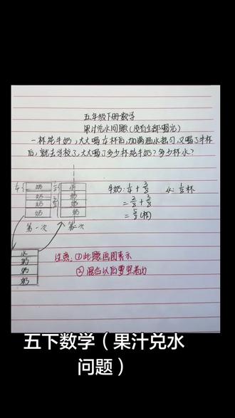 果汁兑水问题 五年级数学|果汁兑水问题(没喝完版)
别再让孩子死记硬背了!
用画图法把抽象的分数,变成看得见的牛奶和水,
混合液按比例竖着分,孩子一眼就能懂~
#五年级数学 #数学思维 #果汁兑水问题
#真实生活分享计划 #数学解题笔记