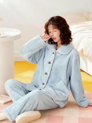 #雪花绒锁温保暖可外穿宽松睡衣家居服秋冬天加绒加厚女法兰绒套装