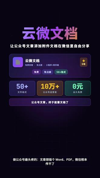 教你在公众号文章里“优雅”添加插入附件word,excel等 做公众号最头疼的:文章想插个 Word、PDF,微信根本传不了。只能扔网盘、发邮件,链接还老过期。直到遇见云微文档。
云微文档是一款完全免费的在线文档托管与分享平台,提供微信小程序和网页版两种访问方式。它深度整合微信生态,专门解决微信公众号文章中无法直接添加附件文档的痛点。用户可通过“直达链接”、“小程序链接”或“二维码”等方式在公众号文章中插入小程序卡片,方便读者一键预览或下载文档。
📊 运营数据
服务超过 10万+ 公众号运营者
覆盖 **100万+ 微信小程序用户
累计托管文档超过 50万份
已稳定运行 5年
覆盖政府机关、事业单位、高校教育、医疗、法院律所、企业服务及个人自媒体等多个领域
✨ 六大核心特点
1. 超多格式支持:支持 Word、Excel、PPT、PDF、WPS、TXT、ZIP、RAR、7Z、MP3、PSD、DWG 等 50+ 种文件格式。
2. 在线预览:办公文档无需下载即可直接查看,提升阅读体验。
3. 微信深度整合:提供微信小程序,扫码即用;支持公众号文章内插入多种形式的小格式兼容性差:在线预览确保各设备显示一致,避免排版错乱。
文件传输不便:生成永久链接,替代繁琐的邮件/网盘传输。
托管成本高:永久免费且免注册,降低文档分享门槛。
🚀 使用流程(三步即可)
1. 扫码登录(打开小程序或网页版)
2. 上传文档(手机选择文件或 PC 拖拽上传)
3. 复制链接分享(复制直达链接或添加小程序卡片到公众号文章)
#公众号附件 #云微文档 #公众号 #公众号运营工具 #公众号运营