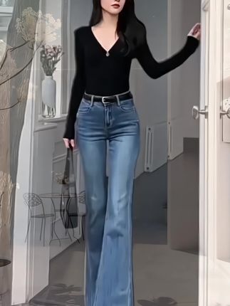 雪千羽复古蓝弹力微喇叭牛仔裤女2025秋季新款高腰显瘦修身马蹄裤#牛仔裤 #微喇牛仔裤