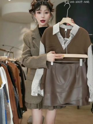 秋季穿搭一整套女2025新款高级感拼接假两件衬衫配显瘦短裙两件套#假两件衬衫 #时尚洋气