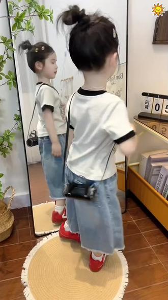 女童套装2026夏季新款儿童韩版圆领短袖T恤薄款牛仔阔腿裤两件套