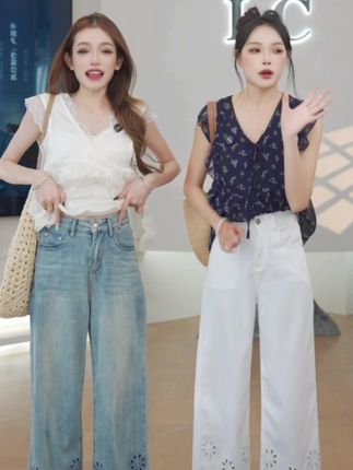 乔栈爆款莱赛尔天丝浅蓝镂空刺绣小个子阔腿软牛仔夏季凉感九分裤#莱赛尔天丝牛仔裤 #九分裤#不挑年龄不挑身材#显高显瘦显腿长#时尚牛仔裤