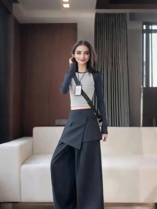 韩系假两件屁帘裤腰工装裤裙女秋季2025新款高级感宽松阔腿西装裤#视频同款#视频同款@巨量千川