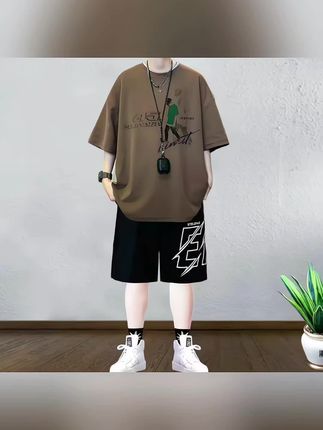 纯棉青少年300斤运动套装男夏短袖t恤新款高初中学生潮流帅气宽松#套装男 #套装男两件套 #运动套装 #运动短袖 #运动短裤