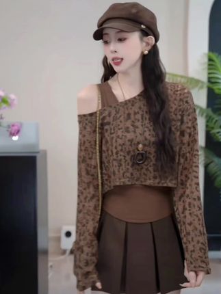 时尚露肩豹纹罩衫+背心上衣两件套女#高档潮牌服饰 #上衣搭配裙子 #优质套装