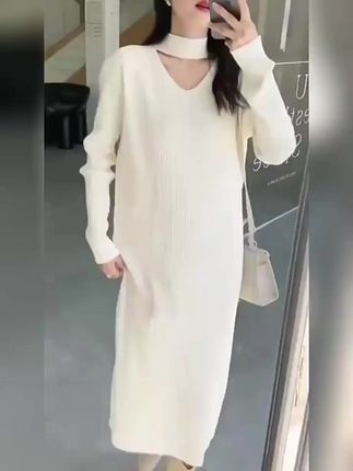 秋冬必备!女款宽松显瘦V领针织中长打底毛衣裙 #秋冬连衣裙 #女款打底裙 #秋冬新款裙 #宽松显瘦裙 #V领毛衣裙