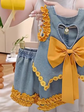 #女童套装 #女童穿搭 #高品质童装 #生女儿就是用来打扮的 #夏天穿什么 女童牛仔娃娃衫短裤套装 新款夏季花边无袖背心蝴蝶结甜美风薄