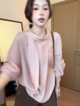 富家欧尼~韩系一字飘带领系扣粉色气质长袖衬衫#长袖衬衫 #秋季穿搭 #韩系穿搭 #百搭上衣 #气质上衣