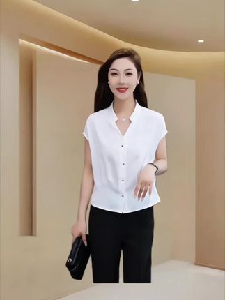时尚气质套装2025夏季新款,洋气显瘦V领雪纺衬:/ 衫阔腿裤两件套潮