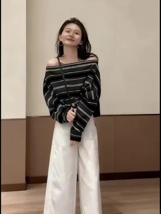 2025秋季新款修身显瘦网红穿搭露肩条纹上衣休闲简约阔腿长裤套装#穿搭穿搭 #女生夏季穿搭 #穿搭搭配 #夏季穿搭 #潮流穿搭休闲风