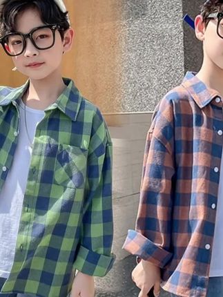 男童秋季棉质格子衬衫外套#男童穿搭 #秋季穿搭 #秋冬新款 #潮酷男孩 #秋季新款