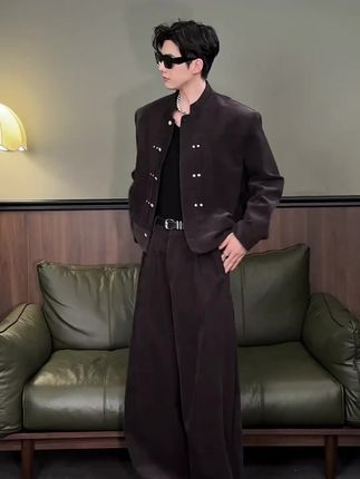 复古咖色外套男款秋春痞帅穿搭一整套高级感立领休闲短款夹克套装