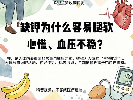 缺钾为什么容易腿软、心慌、血压不稳?#钾元素 #缺钾的危害 #缺钾的症状 #科普一下