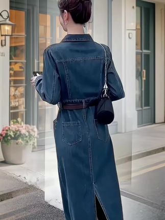 2025春秋季新款韩版宽松大码收腰显瘦翻领牛仔连衣裙女中长款裙子,