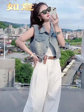 新款韩版设计感磨破毛边牛仔无袖马甲少女宽松短款马夹外套女上衣