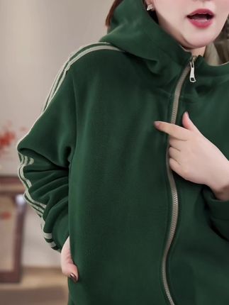 【沐沐】秋季时尚宽松拼接女连帽长袖外套运动开衫加绒加厚外套带帽