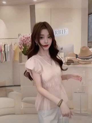 夏季韩版纯色褶皱收腰V领小衫上衣百搭时尚减龄显瘦女 #出游穿搭 #小清新穿搭 #通勤搭配 #时尚减龄 #收腰小衫