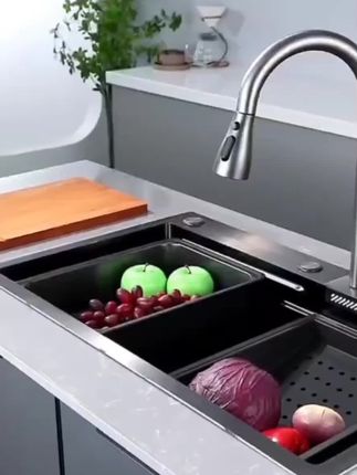 2025九牧王新款不锈钢飞雨瀑布水槽家用洗碗池黑纳米大洗菜盆单槽#厨房好物#水槽