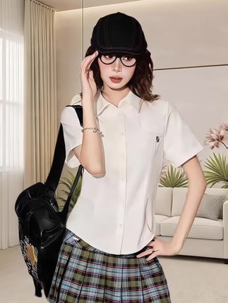 美式白色正肩衬衣半袖短袖衬衫女夏季修身收腰显瘦上衣#夏季穿搭 #百搭上衣 #潮流穿搭 #短袖t恤 #时尚穿搭