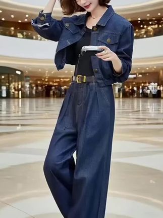 休闲时尚工装牛仔套装女2025春秋季新款韩系高腰显瘦阔腿裤两件套#春秋穿搭 #引领时尚潮流 #女装穿搭 #日常穿搭时尚