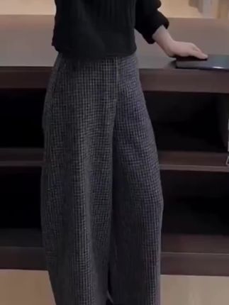 时尚毛呢格子阔腿裤女秋冬新款韩版宽松显瘦九分裤