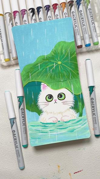 荷叶下躲雨的小猫咪,萌到你了嘛😽
#丙烯马克笔 #绘画教程 #治愈系 #翻翻乐 #蓝果小闪电马克笔