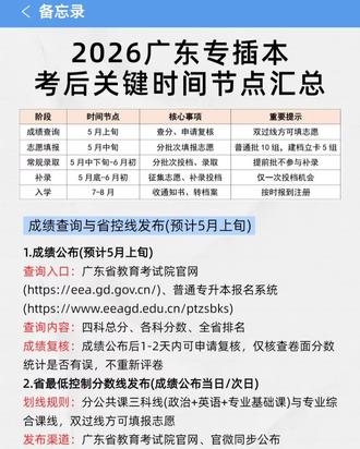 2026专升本志愿填报 26广东专插本的同学,5月上旬就出成绩和省控线了,查分入口在广东省教育考试院官网和报名系统,成绩出来只有1-2天能申请复核,对分数有疑问一定要抓紧时间!
而且必须公共课三科线和专业综合课线双过线,你才有资格填志愿,这点记死了!
然后5月中旬填志愿,普通批能填10个院校专业组,用的是平行志愿,分数优先,志愿提交之后就不能改了,填的时候一定要做好冲稳保,别盲目瞎填!
5月中下旬到6月初,分批次录取,提前批先录,而且提前批不参与后续补录!5月下旬就能查录取结果了,没录上、被退档的,还有最后一次补录机会!
5月底到6月初补录,这是你上岸最后的机会,全程只有一次投档机会,缺额计划会在考试院官网公布,没上岸的同学,这段时间一定要盯紧了!
7到8月,就等着收录取通知书,办档案转接,按时报到入学就可以了!
所有时间都以官方公告为准,赶紧点赞收藏,转给一起考试的同学,别等错过了再后悔!祝大家都能顺利上岸!
#专升本#2026专升本考试#专升本考试志愿填报#大专#上岸