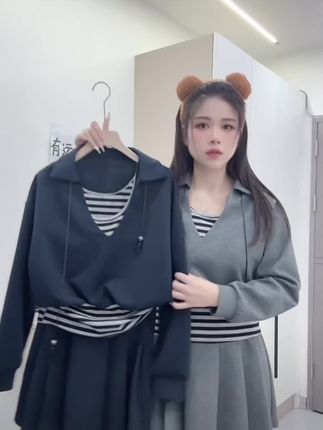 大码女装假两件卫衣+松紧腰气质显瘦休闲A字百褶裙套装女秋季胖MM#休闲穿搭 #甜美穿搭 #假两件卫衣 #休闲a字百褶裙