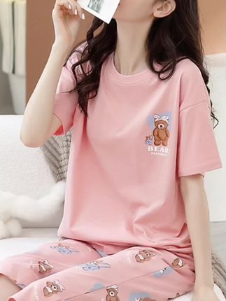 #胸垫款100纯棉短袖夏季带胸垫睡衣女套装外穿甜美舒适家居服!